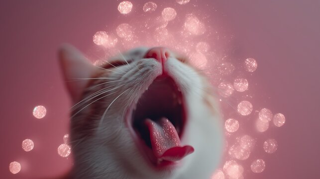 A close-up of a yawning cat surrounded by a magical, sparkling pink bokeh background creates an enchanting and whimsical scene.
