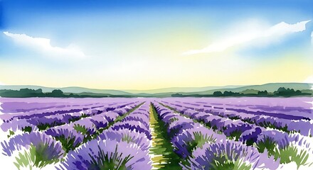 Fototapeta premium Watercolor painting of a lavender field under a blue sky with distant hills and scattered clouds