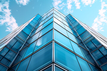 Obraz premium Modern glass skyscraper reflecting blue sky and clouds from a low angle perspective