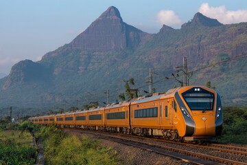 An orange passenger train traverses rails against a mountainous backdrop