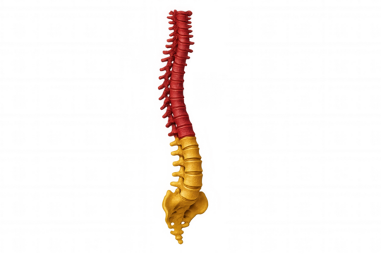 Human spine anatomical model showing vertebral column structure, medical biology, and bone anatomy on transparent background
