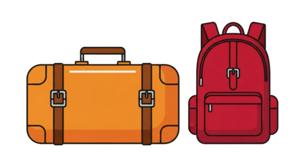 Orange suitcase and red backpack, travel luggage icons.