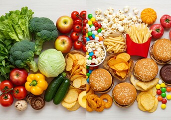An overhead shot showcasing the choice between a nutritious and unhealthy diet