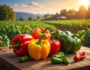 Colorful peppers on a wooden table in a field