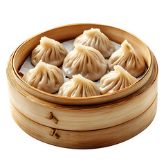 Xiao long bao, Chinese soup dumplings in a bamboo steamer isolated on a white background.