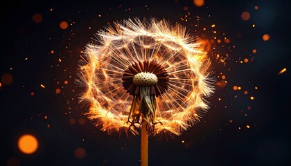 A fiery dandelion made of glowing sparks, petals drifting as burning fragments