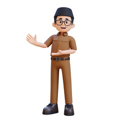 3D cartoon indonesia teacher character Presenting to the Side