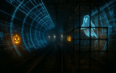 Underground metro tunnel under construction at night with AR holographic blueprints, glowing pumpkin hazard markers, and scaffold mounted ghost wireframe projections