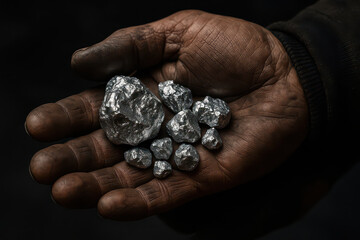 Metal nugget rough hand dirty palm silver mineral raw ore mining natural resource metallic