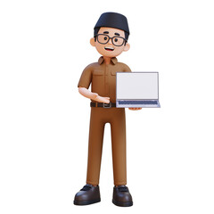 3D cartoon indonesia teacher character Standing Presenting with a Laptop