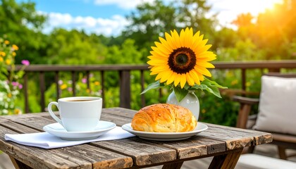 Outdoor breakfast scene with sunflower