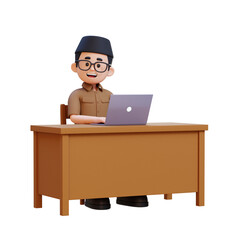 3D cartoon indonesia teacher character Sitting and Working on Laptop at Desk