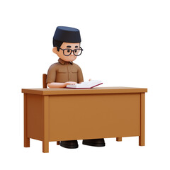 3D cartoon indonesia teacher character Sitting and Reading Book