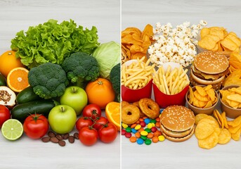An overhead shot showcasing the choice between a nutritious and unhealthy diet