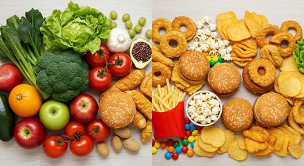An overhead shot showcasing the choice between a nutritious and unhealthy diet