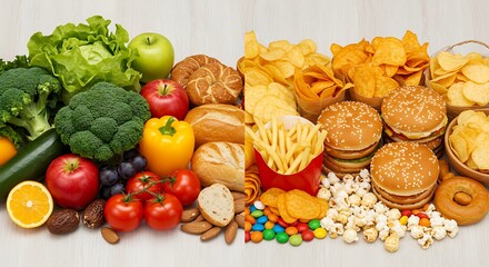 An overhead shot showcasing the choice between a nutritious and unhealthy diet