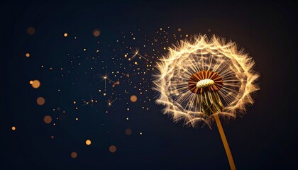 A glowing dandelion with seeds dissolving into bright energy trails.