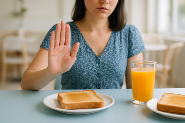 a woman refusing to eat a toast with an allergic reaction to gluten showing she is on a restricted diet for a healthy lifestyle