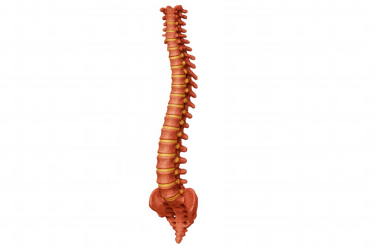 Human spine anatomy showing vertebrae and intervertebral discs, medical skeletal system on transparent background