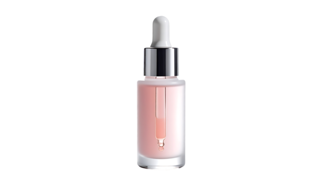 A translucent, light pink serum in a clear glass bottle with a silver dropper top