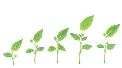 Five small green plants growing in a sequence on a white background