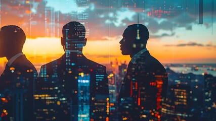 Three businessmen silhouetted against a sunset and a futuristic cityscape with a digital data overlay. - Powered by Adobe