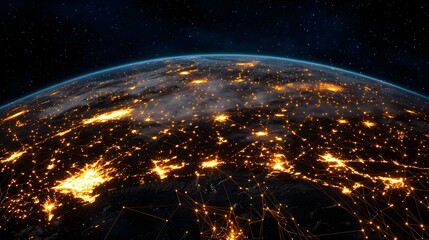 Obraz premium The image depicts Earth at night, showcasing city lights and network connections, with a backdrop of stars, creating a vibrant and interconnected aerial view of the planet.