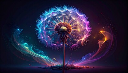 Swirling neon haze forming a soft, glowing dandelion silhouette