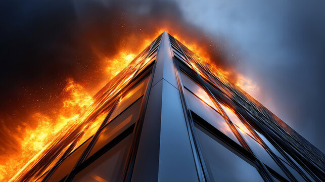 Dramatisches Hausbrand-Szenario mit lodernden Flammen und intensivem Feuerschein in der Dunkelheit