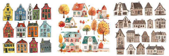 Colorful city building architecture vector set illustration