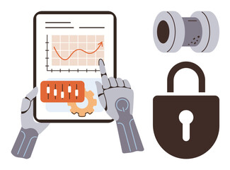 Robotic hand interacts with data on tablet highlighting analysis and automation. Lock signifies security. Valve represents industrial functionality. Ideal for technology, security, automation, AI
