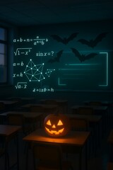 Jack o lantern on classroom desk at dusk with glowing math equations, neon blackboard lines, network graphs, and bat silhouettes on the wall