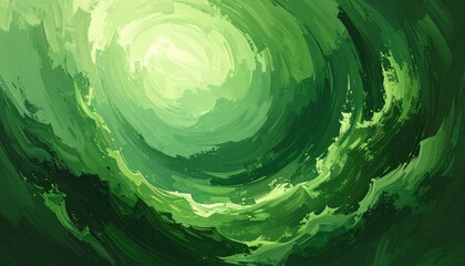 A circular flow of emerald-to-lime green brushwork creating a glowing mist