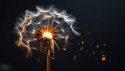 A glowing dandelion of molten metal, seeds dripping into liquid silver