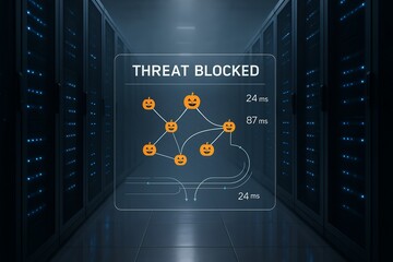 Data center server racks with cybersecurity HUD showing threat blocked map using pumpkin icons, latency times, blue LED lights, reflective floor, Halloween theme