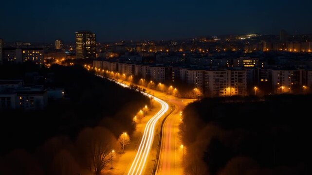 View from the height to the illuminated busy road and night city, multi-storey houses. Ukraine