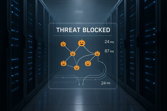 Data center server racks with cybersecurity HUD showing threat blocked map using pumpkin icons, latency times, blue LED lights, reflective floor, Halloween theme