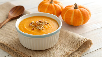 Delicious and creamy pumpkin soup with toasted nuts surrounded by two small pumpkins served on a rustic table setting