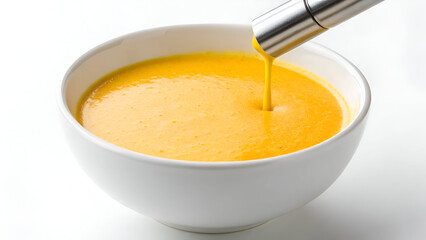 Delicious and creamy pumpkin soup being served in a white bowl against a clean white background offering a comforting and healthy meal option