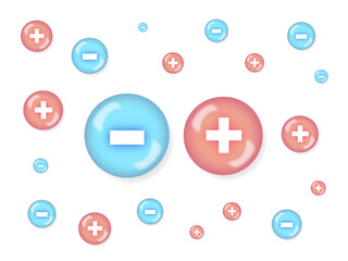 プラスとマイナスのイオンイラスト | 光沢のある赤と青の球体