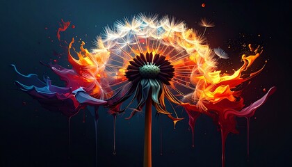 Molten dandelion dripping with glowing hues of fire and liquid metal