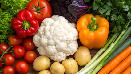 Fresh and colorful assortment of raw vegetables for healthy eating and culinary inspiration featuring tomatoes peppers cauliflower and leafy greens