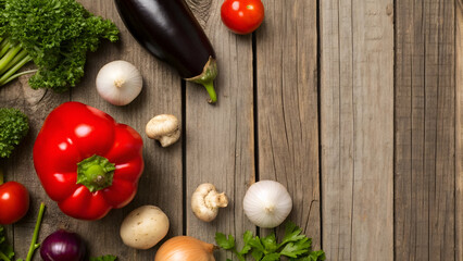 Fresh organic vegetables on rustic wooden table top view composition for healthy lifestyle and cooking inspiration