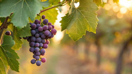Lush Purple Grapes Hanging on the Vine in Vineyard at Golden Hour ready for harvest featuring large green leaves and sunlight