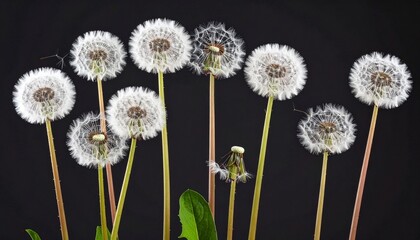 Multiple dandelion stems with green leaves at the base, seed heads at various stages