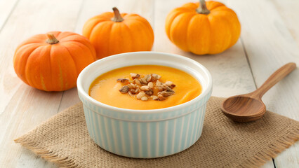 Warm Pumpkin Soup with Toasted Seeds and Miniature Pumpkins An Autumnal Delight on a Burlap Mat...