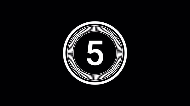 5 second countdown timer, digital circular animation from 10 to 0 seconds on black background. Simple 5-second countdown timer version included Movies start intro 5 4 3 2 1 0 count down