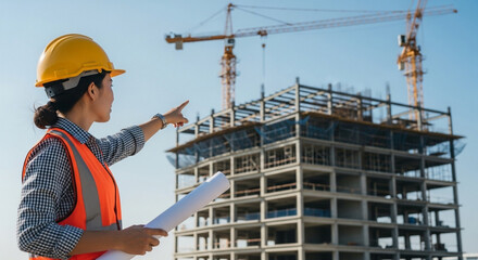 A female construction engineer in a yellow hard hat and orange vest points at a building under construction, holding blueprints.