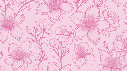 Pink seamless patterns background with flowers sakura.  Botanic tropical wallpaper with daisies flower and leaves. 