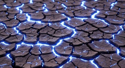 Abstract Blue Energy Glowing Through Deep Cracks in Dry Earth Texture